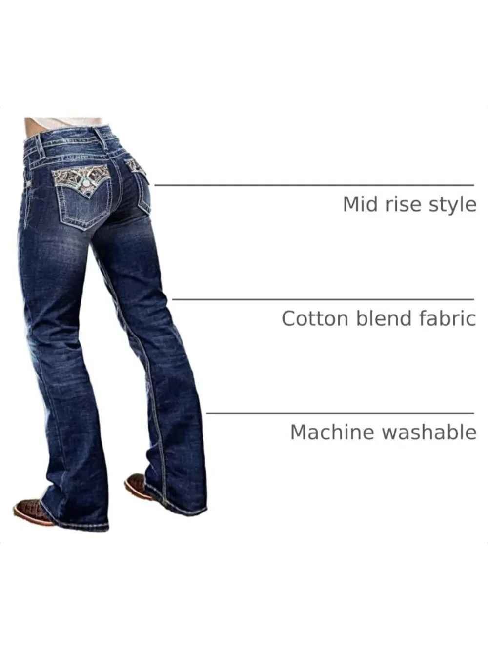 Women's Dark Indigo Blue Pull On Mid Rise Flare Leg Zipper Lifting Bootcut Jeans